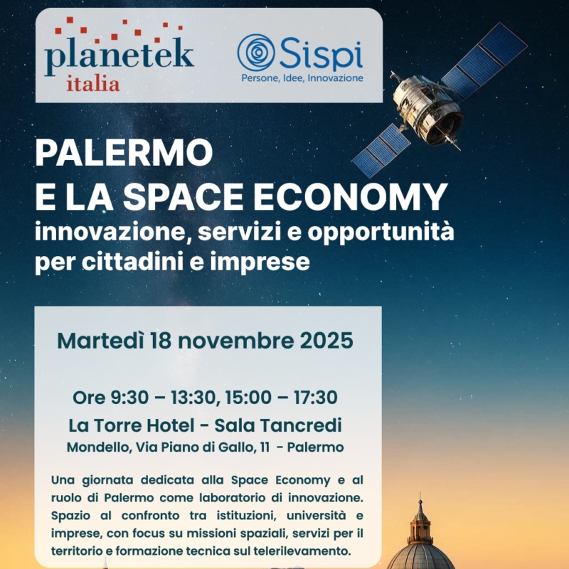 Programma della giornata di lavoro organizzata da Sispi e Planetek italia, martedì 18 novembre 2025 all'Hotel La Torre di Mondello