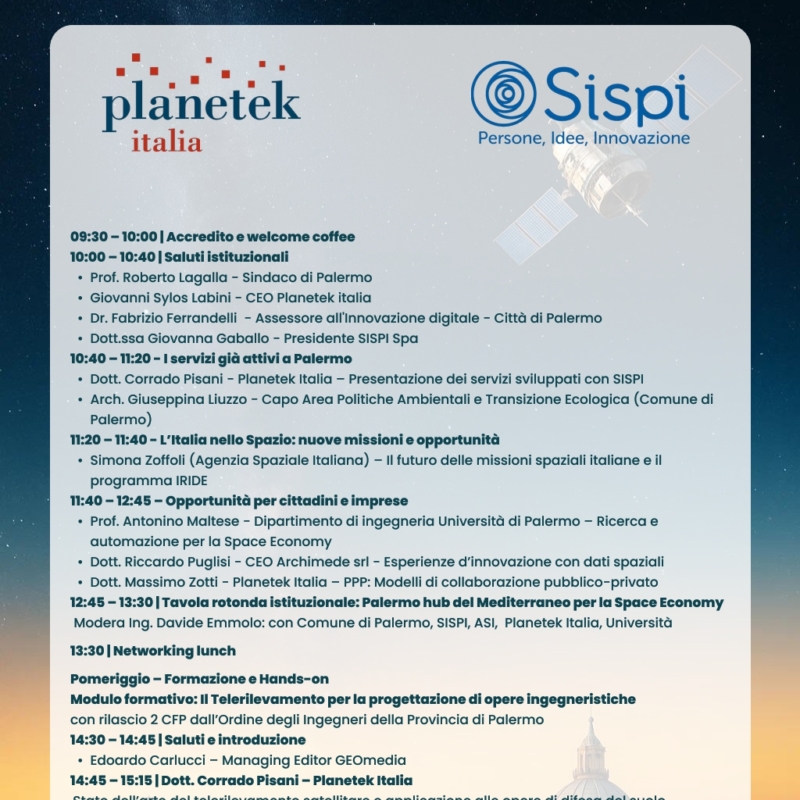 Programma della giornata di lavoro organizzata da Sispi e Planetek italia, martedì 18 novembre 2025 all'Hotel La Torre di Mondello
