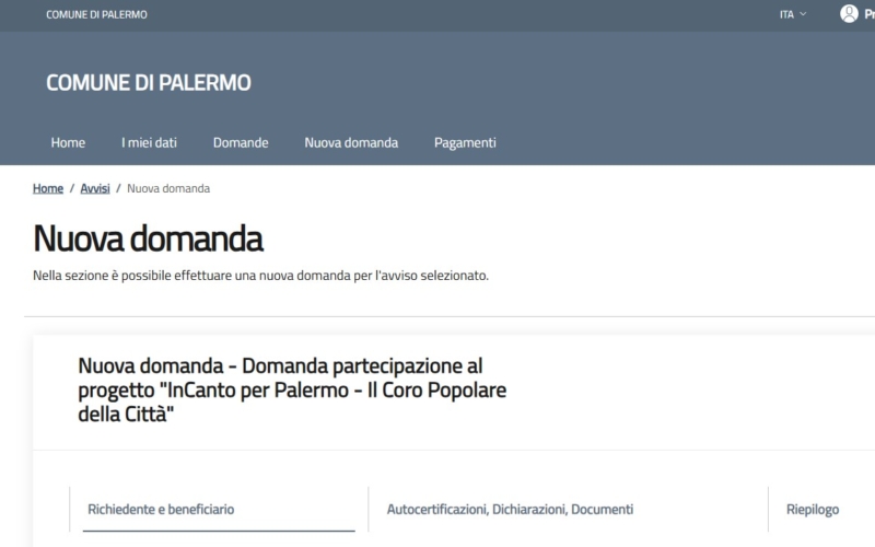 Schermata, presa dal portale sociale, in cui viene raffigurata la pagina di una Nuova pratica per la Domanda di partecipazione al progetto 