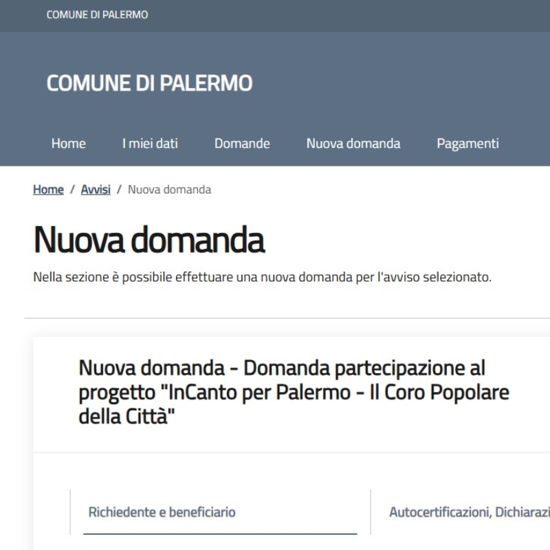 Schermata, presa dal portale sociale, in cui viene raffigurata la pagina di una Nuova pratica per la Domanda di partecipazione al progetto 
