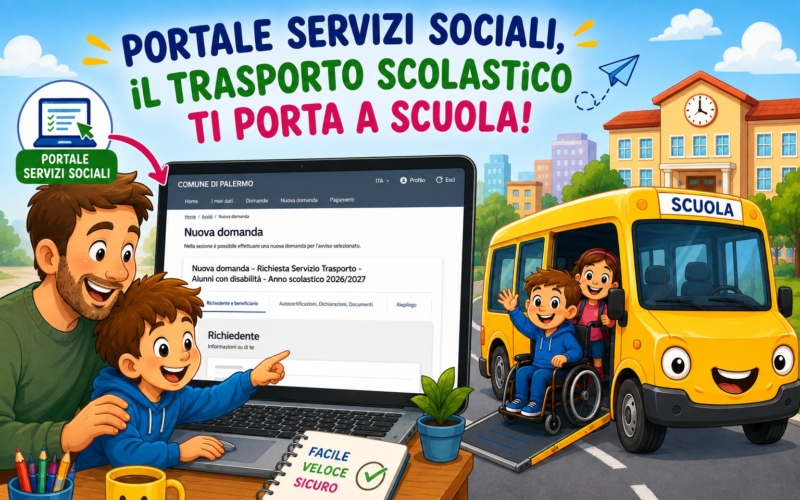 Immagine in cui viene raffigurato un bambino con il genitore, davanti al pc mentre presentano una nuova domanda, sul portale sociale del comune di Palermo, per il servizio di Trasposto scolastico per alunni con disabilità 2026 - 2027