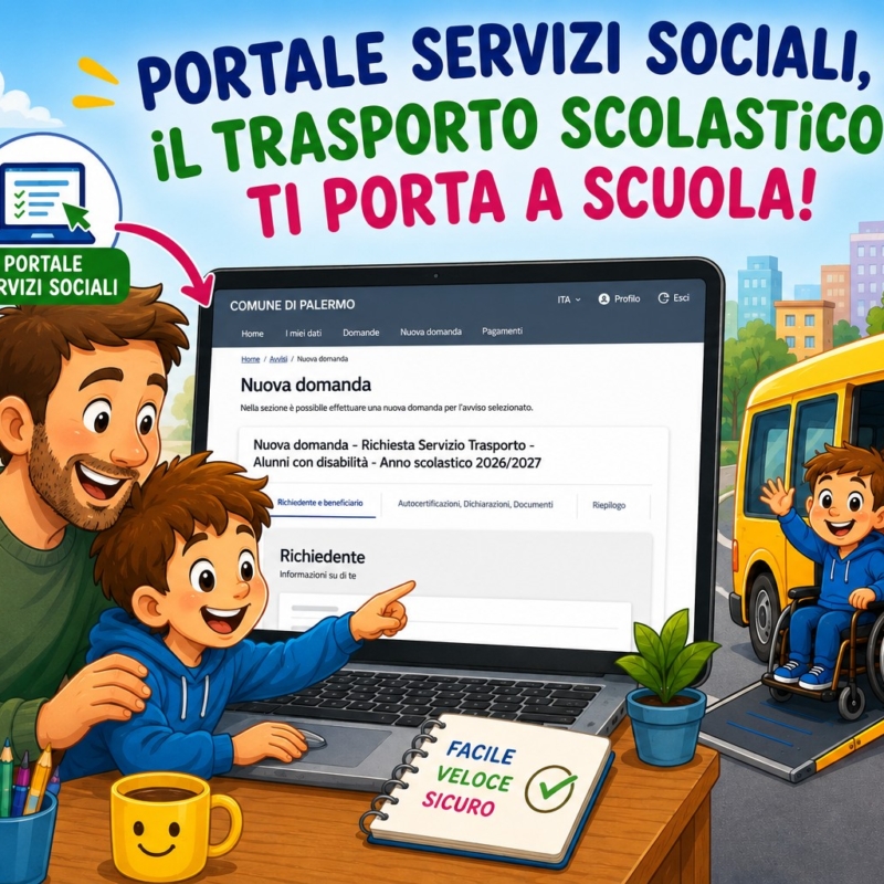 Immagine in cui viene raffigurato un bambino con il genitore, davanti al pc mentre presentano una nuova domanda, sul portale sociale del comune di Palermo, per il servizio di Trasposto scolastico per alunni con disabilità 2026 - 2027